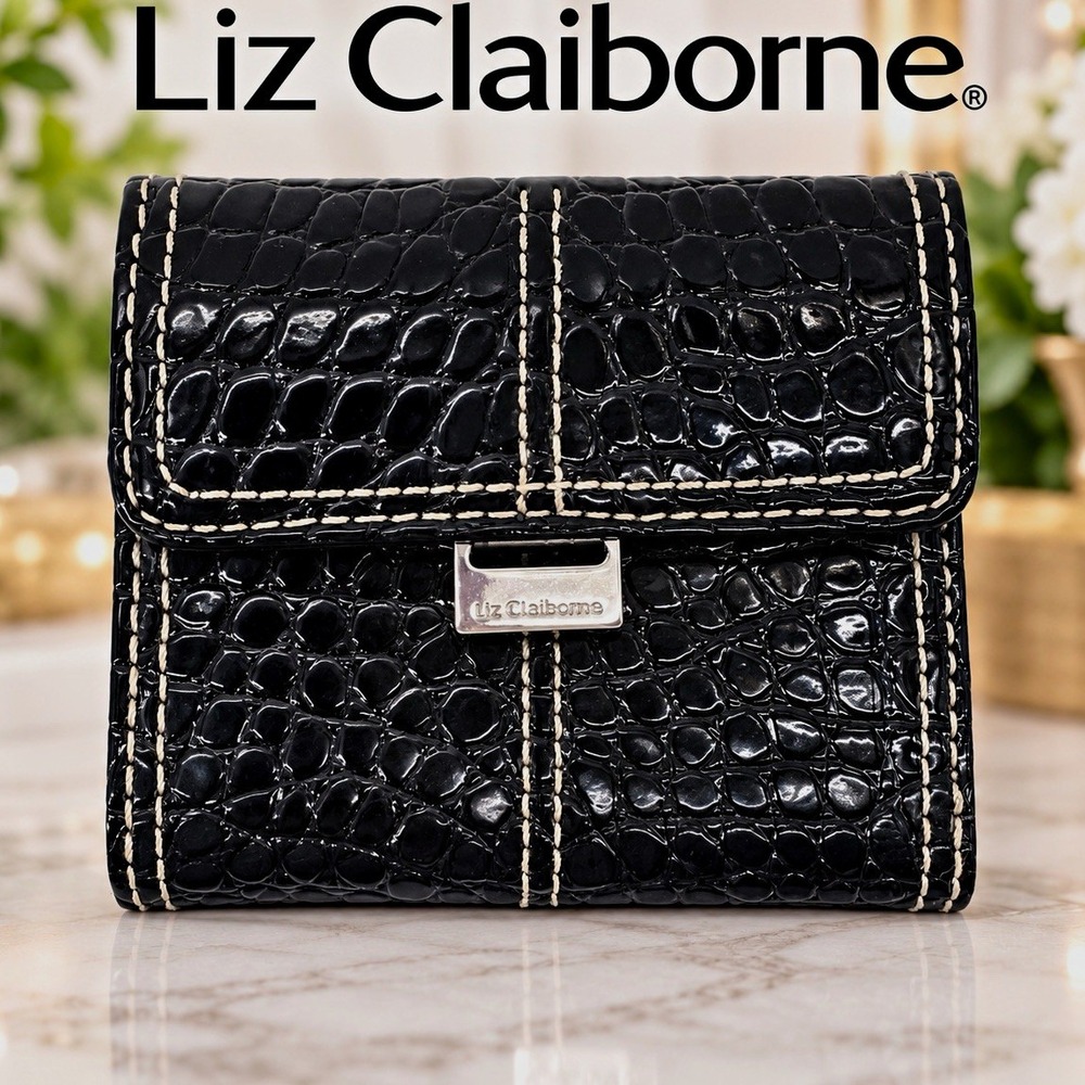 Liz Claiborne Black Croc Embossed Trifold Wallet Patent Faux Leather Zip